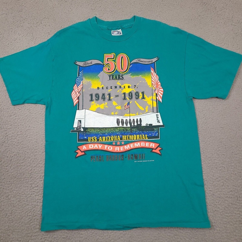 Vintage 1991 Pearl Harbor USS Arizona‎ Memorial T-Shirt Mens Large Blue Teal USA